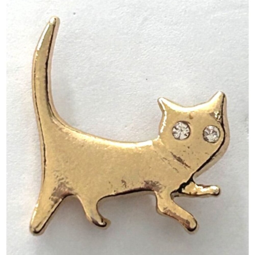 Cat Kitten Walking Gold-Tone Lapel Pin With Rhinestone Eyes Small Brooch